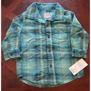 Cat & Jack Toddler Boys Green Teal Plaid Flannel Button Down Shirt 2T New